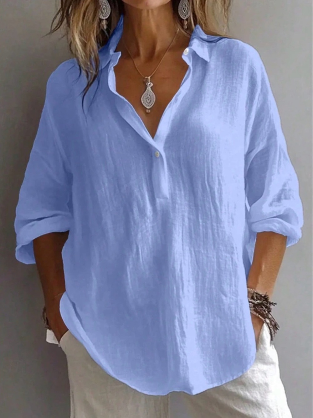 NWT Light Blue Women’s Long Sleeve, 1/2 Button, Bishop Sleeve, Collar, 2XL